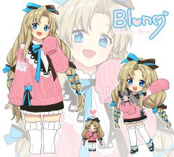 blony_(mabinogi) blue_eyes chibi frilled_thighhighs frills highres lessojin long_hair mabinogi miniskirt pixel_art ribbon skirt sleeves_past_wrists sweater thighhighs two-tone_ribbon