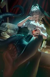 1girl absurdres alraune alternate_costume arknights black_pantyhose black_skirt collarbone commentary crossed_legs cup drinking_glass earrings feet fingernails foot_out_of_frame green_eyes grey_hair hair_intakes hand_up highres ho&#039;olheyak_(arknights) holding holding_cup jewelry licking_lips long_hair looking_at_viewer monster_girl no_shoes pantyhose plant_girl ring shirt shirt_tucked_in sitting skirt smile snake_girl soles solo thuban_ap toes tongue tongue_out white_shirt
