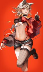 1girl absurdres animal_ears belt black_gloves black_shorts blonde_hair bracelet brown_belt crop_top cropped_jacket earrings facial_mark fang fishnet_thighhighs fishnets floating_hair garter_straps gloves hair_between_eyes hair_ornament hairpin headphones headphones_around_neck highres jacket jewelry jumping komori_met komori_met_(5th_costume) long_sleeves looking_at_viewer medium_hair midriff minto_(minto_rururu) multicolored_jacket navel open_mouth panty_straps partially_fingerless_gloves pink_eyes planet_earrings puffy_long_sleeves puffy_sleeves red_background shoes short_shorts shorts simple_background single_earring single_garter_strap single_glove single_thighhigh sneakers solo thighhighs two-tone_jacket virtual_youtuber vspo!