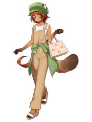 Rule 34 | 1girl, animal ears, bag, brown eyes, brown hair, brown overalls, clothes around waist, dairoku ryouhei, full body, furry, fushimachi tsumugi, green hat, handbag, hat, highres, kasugai isoya, medium hair, mile, open-toe shoes, overalls, raccoon girl, raccoon tail, shirt, shirt around waist, sleeveless, sleeveless shirt, standing, tail