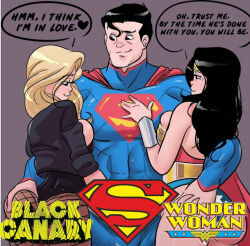 1boy 2girls black_canary clark_kent dc_comics diana_prince dinah_lance grabbing_another&#039;s_ass green_arrow_(series) groping group_sex multiple_girls seductive_gaze seductive_smile smile superman superman_(series) threesome wonder_woman wonder_woman_(series)