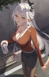 1girl 1other absurdres bag belt black_horns black_pantyhose black_skirt breasts brown_shirt buttons can charm_(object) chest_tattoo cleavage collarbone commentary_request demon_girl demon_horns drink_can earrings fang hair_between_eyes heterochromia highres holding holding_can holding_hands horns id_card illian-san itsuki_(meridian_project) jewelry large_breasts light_blush long_hair long_sleeves looking_ahead meridian_project miniskirt nail_polish orange_eyes outdoors pantyhose pencil_skirt plant pointy_ears red_nails road shirt shoulder_bag sidelocks skirt standing tattoo tile_wall tiles very_long_hair virtual_youtuber walking white_bag white_belt white_hair yellow_eyes