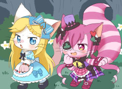 2girls :3 alice_(cat_busters) animal_ears apron black_bow black_bowtie black_shoes blonde_hair blue_bow blue_dress blue_eyes blush boots bow bowtie bracelet braid cat_busters cat_ears cat_girl cat_tail cheshire_(cat_busters) chibikemo classic_lolita club_(shape) commentary_request dress eyepatch fang furry furry_female grass hair_bow hair_ornament hat jewelry lace-trimmed_bow lace_trim lolita_fashion long_hair low_twintails mary_janes mini_hat mini_top_hat multiple_girls outdoors pink_boots purple_dress purple_eyes purple_fur purple_hair shoes spade_hair_ornament spiked_bracelet spikes tail top_hat tree twintails very_long_hair walking wataboshi whiskers white_apron white_fur
