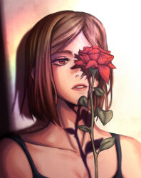 Rule 34 | 1girl, absurdres, black camisole, breasts, brown eyes, brown hair, camisole, cleavage, collarbone, commentary, covering one eye, cyennik, english commentary, expressionless, flower, highres, jujutsu kaisen, kugisaki nobara, medium hair, parted lips, portrait, red flower, red rose, rose, solo