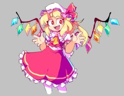 1girl ascot blonde_hair collared_shirt cropped_legs fangs feet_out_of_frame flandre_scarlet frilled_shirt_collar frilled_sleeves frills grey_background hat mob_cap multicolored_wings one_side_up open_mouth pantyhose puffy_short_sleeves puffy_sleeves red_eyes red_ribbon red_skirt red_vest ribbon ribbon-trimmed_headwear ribbon_trim shirt short_sleeves simple_background sir_koi skirt solo touhou vest white_hat white_pantyhose white_shirt wings yellow_ascot