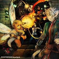 1girl 3boys akaneko_(redakanekocat) animal_ears armor battle blonde_hair blue_eyes commentary_request copyright_name fairy fleeing furry furry_male green_eyes grey_hair highres horns leather_armor long_sidelocks magic monster multiple_boys multiple_horns pixiv_fantasia pixiv_fantasia_new_world pointy_ears sidelocks sweat