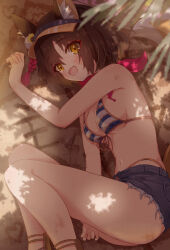 Rule 34 | 1girl, animal ear fluff, animal ears, bare arms, bare shoulders, bikini, blue archive, blue bikini, braid, breasts, brown hair, commentary request, denim, denim shorts, fox ears, fox girl, fox tail, highres, izuna (blue archive), izuna (swimsuit) (blue archive), looking at viewer, lying, medium breasts, mikumiku37, navel, no shirt, official alternate costume, on side, pink scarf, scarf, short shorts, shorts, single braid, solo, stomach, striped bikini, striped clothes, swimsuit, tail, visor cap, yellow eyes