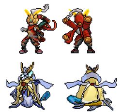 1boy 1girl armor digimon digimon_(creature) japanese_clothes kimono mask nezhamon otrojorch shagaramon simple_background sprite sprite_art tail white_background
