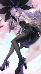 1girl absurdres ass black_nails black_pantyhose black_skirt blurry blurry_foreground breasts center_frills cherry_blossoms commentary dress fingernails frilled_sleeves frills high_heels highres holding holding_umbrella iras17514 large_breasts letter light_blush long_hair long_sleeves looking_at_viewer love_letter mole mole_under_eye multicolored_hair nail_polish open_mouth overskirt pantyhose parasol patterned_legwear pointy_ears purple_hair purple_shoes purple_umbrella red_eyes shoes sidelocks skirt solo streaked_hair umbrella very_long_hair vivian_(zenless_zone_zero) white_dress zenless_zone_zero