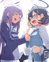 2girls :d :o absurdres black_skirt blue_archive blue_hair blue_halo blue_necktie blue_sweater_vest breasts chihiro_(blue_archive) closed_eyes collared_shirt commentary_request csham cup dress_shirt halo hand_up highres holding holding_cup id_card large_breasts long_hair long_sleeves medium_hair millennium_science_school_logo multiple_girls necktie open_mouth pink_halo pleated_skirt purple_hair purple_sweater shirt sidelocks simple_background skirt small_breasts smile sweater sweater_vest teeth tying_necktie upper_teeth_only utaha_(blue_archive) white_background white_shirt white_skirt yawning