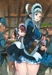 3boys 3girls apron aqua_hair armor ass bad_id bad_pixiv_id black_hair blue_eyes breasts brown_hair dark_skin f.s. fishnets highres indoors japanese_clothes kimono large_breasts long_hair looking_at_viewer looking_back maid multiple_boys multiple_girls pale_skin pantyhose parted_lips ponytail profile sengoku_taisen smile tray underboob wide_sleeves