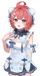 1girl absurdres ahoge arisyooon blush breasts bun_cover chinese_clothes cleavage cleavage_cutout clothing_cutout commentary_request detached_sleeves dot_nose double_bun grey_skirt hair_bun hair_ornament hand_fan highres holding holding_fan huge_ahoge large_breasts looking_at_viewer miniskirt official_alternate_costume open_mouth pink_hair pleated_skirt puffy_sleeves red_eyes shirt short_hair simple_background skirt solo thighs virtual_youtuber vspo! white_background white_shirt yumeno_akari yumeno_akari_(2nd_costume)