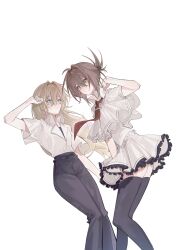 Rule 34 | 1boy, 1girl, absurdres, ahoge, alternate hair length, alternate hairstyle, black pants, black thighhighs, blue eyes, blush, brown hair, capelet, clenched hand, collared shirt, dutch angle, eyebrows hidden by hair, eyelashes, feet out of frame, floating neckwear, folded ponytail, frilled skirt, frills, green eyes, hair between eyes, hair intakes, hand up, highres, long hair, looking at another, mamiya takuji, medium hair, miniskirt, necktie, nose, pants, parted lips, pleated skirt, red necktie, school uniform, shirt, short sleeves, simple background, skirt, standing, subarashiki hibi, sweatdrop, tachibana kimika, thighhighs, thighs, very long hair, visinss, white background, white capelet, white shirt, white skirt, zettai ryouiki