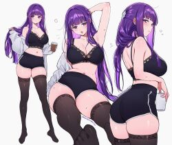 1girl :o absurdres alternate_costume arm_up armpits ass bare_shoulders black_bra black_shorts black_thighhighs blunt_bangs blush bra breasts cleavage closed_mouth cup fern_(sousou_no_frieren) full_body hair_ornament highres holding holding_cup large_breasts long_hair long_sleeves looking_at_viewer multiple_views off_shoulder open_mouth purple_eyes purple_hair qiandaiyiyu shirt short_shorts shorts simple_background sitting sousou_no_frieren standing sweat thick_thighs thighhighs thighs underwear white_shirt