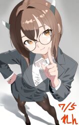 1girl alternate_costume arm_up artist_name black_shoes breasts brown_eyes brown_hair business_suit closed_mouth collared_shirt dated formal_clothes from_above glasses grey_jacket grey_skirt hair_between_eyes hand_on_own_hip hashtag-only_commentary headgear highres index_finger_raised jacket kantai_collection long_sleeves looking_at_viewer one-hour_drawing_challenge pantyhose ren_(pawer1945) shadow shirt shoes short_hair simple_background skirt small_breasts smile solo suit taihou_(kancolle) white_background white_shirt