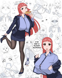 Rule 34 | 1girl, absurdres, adjusting footwear, aki-chan (dismaiden), animal, animal on head, bird, bird on head, black jacket, blush, bread slice, breasts, brown eyes, crying, crying aqua (meme), dismaiden, drooling, eating, english text, food, food in mouth, high heels, highres, huge breasts, jacket, long hair, meme, miniskirt, motion lines, mouth hold, office lady, on head, open mouth, original, pantyhose, partially colored, pencil skirt, red hair, running, saliva, shaded face, signature, sketch, skirt, sparkle, tears, toast, toast in mouth