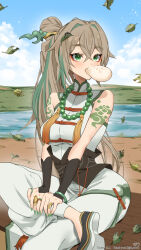 1girl arm_tattoo steamed_bun bead_necklace beads breasts brown_hair chinese_clothes cloud commission crossed_bangs crossed_legs dumpling falling_leaves fingernails food food_in_mouth green_eyes green_hair green_nails hair_between_eyes hair_ornament highres indie_virtual_youtuber jewelry k_(art71) leaf leaf_on_head long_hair medium_breasts multicolored_footwear multicolored_hair necklace ring river sharp_fingernails sitting skeb_commission sky solo streaked_hair tassel tattoo thank_you twitter_username virtual_youtuber