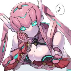 1girl bare_shoulders blue_eyes breasts cleavage colored_skin hakidashi_11 hand_on_own_face large_breasts long_hair musical_note phantasy_star phantasy_star_online_2 pink_hair pink_skin robot_girl simple_background speech_bubble spoken_musical_note twintails upper_body white_background