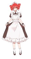 1girl ahoge alternate_costume apron black_dress black_shoes black_wrist_cuffs blush buttons closed_mouth collared_dress dress drill_hair embarrassed enmaided flat_chest frilled_hairband frills full_body hair_between_eyes hairband hashtag-only_commentary highres hoop_skirt kasane_teto looking_at_viewer maid mary_janes microphone red_eyes red_hair shirokabi_39 shoes short_sleeves simple_background socks solo standing straight-on twin_drills utau white_apron white_background white_hairband white_socks wing_collar wrist_cuffs