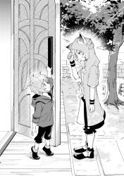2boys child erune glaring gran_(granblue_fantasy) granblue_fantasy greyscale highres hood hood_down hood_up hoodie looking_down looking_up monochrome multiple_boys open_door seox_(granblue_fantasy) solao_o standing