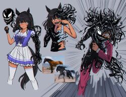 1boy 1girl absurdres black_hair bow bowtie dark_skin foxtrot_(foxtrotfridays) highres horseshoe_ornament original pleated_skirt puffy_short_sleeves puffy_sleeves purple_bow purple_bowtie purple_shirt sailor_collar sailor_shirt school_uniform shirt short_sleeves singlet skirt thighhighs tracen_school_uniform track_suit umamusume venom_(marvel) white_thighhighs