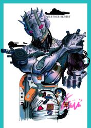 absurdres astronaut cable character_name cloud diamond_(gemstone) helmet highres jojo_no_kimyou_na_bouken kurobameiyos motor_vehicle pink_eyes space_helmet spacesuit spikes stand_(jojo) sticker stone_ocean upper_body weather_report_(stand) white_background