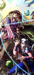Rule 34 | 2boys, absurdres, american flag, araki hirohiko (style), beanie, beard, belt buckle, blonde hair, blue eyes, blue lips, blue nails, blue pants, bridal gauntlets, brown hat, brown pants, buckle, cape, commentary, cowboy hat, derivative work, english commentary, facial hair, feet out of frame, goggles, goggles on headwear, golden spiral, green cape, green lips, gyro zeppeli, hat, heart ornament, highres, holding another&#039;s leg, holster, hood, hood down, hoodie, horseshoe hat ornament, horseshoe ornament, johnny joestar, jojo no kimyou na bouken, jojo pose, long hair, looking at viewer, male focus, medium hair, multicolored wristband, multiple boys, noonvincent, orange sleeves, pants, parted lips, purple bridal gauntlets, purple shirt, purple sleeves, red sleeves, shirt, standing, star (symbol), star print, steel ball (jojo), steel ball run, teeth, two-tone sleeves, white hat, white hoodie, white sleeves, wristband