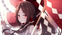 2girls absurdres blurry blurry_foreground blush bow brown_hair closed_mouth commentary_request detached_sleeves foul_detective_satori frilled_bow frilled_hair_tubes frills gensokyo&#039;s_first_hakurei_miko gohei hair_bow hair_tubes hakurei_reimu highres light_particles long_hair looking_at_viewer maka_(user_rryf2748) multiple_girls red_eyes sidelocks smile touhou upper_body very_long_hair white_background white_sleeves