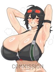 Rule 34 | 1girl, absurdres, ahoge, akazuan 19, arm strap, armpits, arms up, black-framed eyewear, black hair, black sports bra, blush, breasts, commentary, commission, crossed bangs, double-parted bangs, eyewear on head, goggles, goggles on head, grace howard, hair between eyes, hair intakes, highres, huge breasts, looking at viewer, medium hair, navel, parted lips, ponytail, presenting armpit, red-tinted eyewear, red eyes, simple background, skindentation, smile, solo, sports bra, steam, steaming body, sweat, symbol-only commentary, tinted eyewear, twitter username, upper body, white background, zenless zone zero, zipper, zipper pull tab, zipper top