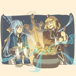 Rule 34 | 2girls, ahoge, anisphia wynn palettia, anjuro zeeku, black ribbon, blue capelet, blue hair, broom, brown jacket, capelet, cauldron, commentary, dress, euphyllia magenta, green eyes, hair ribbon, highres, jacket, magic, multiple girls, neck ribbon, open mouth, parted lips, purple eyes, ribbon, smile, tensei oujo to tensai reijou no mahou kakumei, white dress, yellow background, yellow ribbon