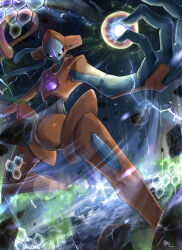 absurdres clenched_hand deoxys deoxys_(normal) earth_(planet) ekaki_panda energy_ball expressionless gen_3_pokemon highres legendary_pokemon looking_at_viewer mythical_pokemon nintendo no_humans no_mouth planet pokemon pokemon_(creature) pokemon_focus psychic solo space tentacles
