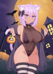 Rule 34 | 1girl, absurdres, animal ear fluff, animal ears, bat (animal), bat tattoo, bikini, black bikini, black leotard, black thighhighs, breasts, castle, cat ears, cat girl, cat tail, cowboy shot, dark-skinned female, dark skin, full moon, gabai, halloween, highres, hololive, horizontal-striped thighhighs, large breasts, leotard, moon, nekomata okayu, pubic tattoo, pumpkin, purple eyes, purple hair, purple tail, see-through clothes, see-through leotard, solo, swimsuit, tail, tan, tattoo, thighhighs, two-tone thighhighs, variant set, virtual youtuber, white thighhighs, zombie (vocaloid)