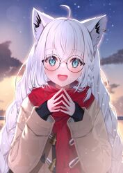 1girl :d absurdres ahoge alternate_costume animal_ear_fluff animal_ears aqua_eyes black_sweater borumete brown_coat cloud coat commentary_request dawn earrings fox_ears fox_girl glasses hair_between_eyes highres hololive jewelry long_hair looking_at_viewer open_mouth red_scarf round_eyewear scarf shirakami_fubuki single_earring sky smile solo steepled_fingers sweater teeth tri_braids upper_body upper_teeth_only virtual_youtuber white_hair