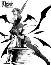 2girls :d adapted_costume alternate_hair_length alternate_hairstyle alternate_wings artist_name asymmetrical_legwear baggy_shorts bat_wings bespectacled black_gloves black_shorts black_vest blade_of_grass book book_stack boots collared_shirt commentary_request demon_tail detached_wings dress_shirt dual_persona glasses gloves goggles goggles_on_head greyscale grin gun hair_flowing_over hand_on_own_hip head_wings highres holding holding_gun holding_weapon horns juliet_sleeves knee_boots koakuma leg_belt leg_holster light_smile loafers long_hair long_sleeves looking_at_viewer looking_back looking_to_the_side low_wings messy_hair monochrome mouth_hold multiple_girls multiple_wings necktie open_mouth puffy_short_sleeves puffy_sleeves red_eyes riding_crop rifle round_eyewear shirt shoes short_hair short_sleeves shorts sidelocks simple_background skirt smile spot_color suppressor tail touhou very_long_hair vest weapon white_background white_shirt wings xiuchundao