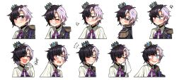 1girl absurdres anger_vein black_hair blue_eyes blush closed_eyes crown ddolbang multiple_expressions flying_sweatdrops heterochromia highres idol_corp laughing looking_at_viewer looking_back multicolored_hair red_eyes rin_penrose shirt tears virtual_youtuber white_shirt wiping_tears