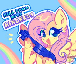 acid-fangs animal animal_ears blue_background colored_skin english_text fluttershy green_eyes gun highres holding holding_gun holding_shotgun holding_weapon long_hair looking_at_viewer my_little_pony my_little_pony:_friendship_is_magic pink_hair portrait rainbow shotgun solo solo_focus upper_body weapon yellow_skin
