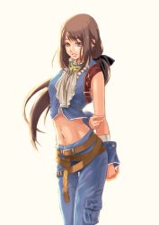1girl black_hair breasts brown_eyes brown_hair cosplay denim female_focus final_fantasy final_fantasy_ix garnet_til_alexandros_xvii gloves holixholi long_hair looking_at_viewer low-tied_long_hair midriff navel reverse_trap short_hair shorts simple_background smile solo square_enix zidane_tribal zidane_tribal_(cosplay)