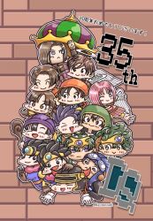 Rule 34 | anniversary, bandana, blush, brown eyes, brown gloves, brown hair, character request, chibi, closed eyes, copyright request, dragon quest, dragon quest i, dragon quest ii, dragon quest iii, dragon quest iv, dragon quest v, dragon quest vi, dragon quest viii, dragon quest xi, earrings, fake horns, gloves, goggles, goggles on headwear, green eyes, green hair, halo, helmet, hero (dq1), hero (dq11), hero (dq3), hero (dq4), hero (dq5), hero (dq6), hero (dq8), heroine (dq3), heroine (dq4), holding, holding staff, horned helmet, horns, jewelry, komagome rikuo, multiple boys, multiple girls, one eye closed, open mouth, pink hair, prince of lorasia, purple eyes, simple background, smile, staff, white gloves, wings