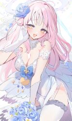 1girl absurdres blue_archive blush bouquet breasts bridal_veil cleavage commentary dress feathered_wings flower gloves hair_bun hair_flower hair_ornament halo highres holding holding_bouquet large_breasts long_hair looking_at_viewer low_wings mika_(blue_archive) open_mouth pink_hair pink_halo simple_background single_side_bun sketch smile solo thighhighs utakapen veil white_background white_dress white_gloves white_thighhighs white_wings wings yellow_eyes