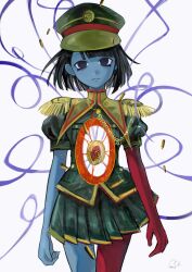 1girl alternate_costume black_hair blue_skin blunt_bangs blunt_ends bob_cut colored_skin ena:_dream_bbq ena_(dream_bbq) ena_(series) ena_(species) green_hat hangover_ena hat highres hole_in_chest hole_in_stomach hole_on_body looking_at_viewer multicolored_skin red_skin shirt short_sleeves simple_background solo two-tone_skin usagimarumei score:0 rating:sensitive Rule 34 | 1girl, alternate costume, black hair, blue skin, blunt bangs, blunt ends, bob cut, colored skin, ena: dream bbq, ena (dream bbq), ena (series), ena (species), green hat, hangover ena, hat, highres, hole in chest, hole in stomach, hole on body, looking at viewer, multicolored skin, red skin, shirt, short sleeves, simple background, solo, two-tone skin, usagimarumei