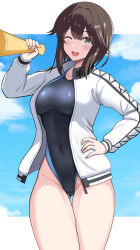 Rule 34 | 1girl, absurdres, black one-piece swimsuit, blue sky, blush, breasts, cloud, cowboy shot, day, grey eyes, hair between eyes, hayasui (kancolle), highleg, highleg one-piece swimsuit, highres, jacket, kantai collection, long sleeves, looking at viewer, mayomaru1, medium breasts, megaphone, one-piece swimsuit, one eye closed, open mouth, outdoors, short hair, sky, smile, solo, swimsuit, swimsuit under clothes, track jacket
