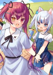 Rule 34 | 2girls, animal ears, blue eyes, blue hair, blue skirt, cat, cat ears, crepe, cube hair ornament, dress, fins, fish tail, food, gawr gura, gawr gura (casual), grey hair, hair ornament, hair ribbon, heterochromia, highres, holding, holding crepe, holding food, holding hands, hololive, hololive english, houshou marine, looking at another, multicolored hair, multiple girls, official alternate costume, one side up, open mouth, red eyes, red hair, red ribbon, ribbon, shark girl, shark tail, shinkiro (hololive), shirt, sidelocks, skirt, skirt set, smile, streaked hair, tail, twintails, virtual youtuber, watashishi, white dress, white shirt, yellow eyes