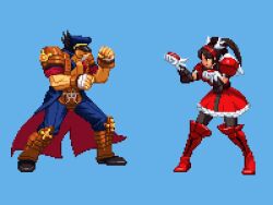 1boy 1girl animated animated_gif armor armored_dress arms_up bahn bandaged_wrist bandages black_eyes black_hair black_leggings blue_background boots clenched_hands detached_sleeves dress fake_wings fighting_stance fighting_vipers gloves hairband hat hat_over_eyes hidden_eyes honey_(fighting_vipers) jacket knee_pads leggings muscular muscular_male open_clothes open_jacket pants pin-point_(artist) red_dress sega shoulder_armor simple_background skirt spiked_hair sprite sprite_art thigh_boots twintails wings
