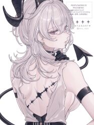 1girl ao_(ao0_0nemu) arm_strap bare_shoulders black_gloves black_horns black_tail breasts closed_mouth commentary curled_horns demon_tail earrings from_behind gloves hand_on_own_shoulder highres horns jewelry key_earrings large_breasts long_hair looking_at_viewer looking_back median_furrow mole mole_under_eye red_eyes shirt shoulder_blades solo tacet_mark_(wuthering_waves) tail torn_clothes torn_shirt upper_body watermark white_shirt wuthering_waves zani_(wuthering_waves)