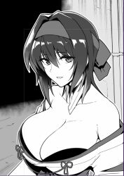 1girl blue_hair blue_headband blush breasts hair_intakes halcon headband kasumi_(halcon) large_breasts monochrome non-web_source nontraditional_miko original red_eyes sandals short_hair thigh_strap