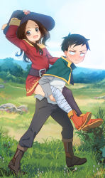 Rule 34 | 10s, 1boy, 1girl, :i, alternate costume, asymmetrical legwear, bandages, black hair, black hat, black thighhighs, blouse, blush, boots, brown eyes, brown hair, capelet, carrying, cosplay, day, dress, fingerless gloves, full body, gloves, green capelet, hat, highres, justin leyva (steamy tomato), karakai jouzu no takagi-san, kono subarashii sekai ni shukufuku wo!, long hair, looking at viewer, megumin, megumin (cosplay), mismatched legwear, mountainous horizon, nishikata, open mouth, orange boots, parted bangs, piggyback, satou kazuma, satou kazuma (cosplay), shirt, single thighhigh, smile, takagi-san, takahashi rie, thighhighs, v-shaped eyebrows, voice actor connection, white shirt, witch hat