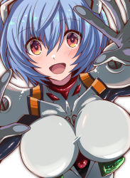 1girl :d against_glass alternate_eye_color ayanami_rei blue_hair blush bodysuit breasts fujitaka_nasu hairpods highres interface_headset_(evangelion) large_breasts mecha_pilot_suit neon_genesis_evangelion open_mouth orange_eyes plugsuit_(evangelion) short_hair smile solo upper_body white_background white_bodysuit