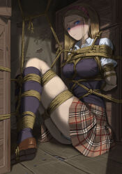 1girl bdsm black_socks blonde_hair blue_eyes bondage bound breasts brown_footwear commission frown hairband highres itou_tatsuya kneehighs knees_up large_breasts long_hair looking_at_viewer miniskirt original panties pixiv_commission plaid_clothes plaid_skirt restrained rope shibari shirt short_sleeves sitting skirt socks solo sweater_vest underwear white_panties white_shirt wooden_box