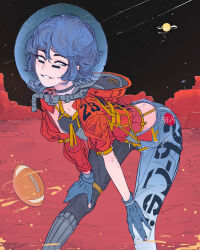 1girl absurdres american_football_(object) ball black_choker black_sky blue_gloves blue_hair blue_pants breasts choker cleavage commentary cropped_jacket elliemaplefox english_commentary feet_out_of_frame fishbowl_helmet gloves hair_between_eyes hands_on_own_knees helmet highres jacket looking_at_viewer medium_breasts midriff original pants parted_lips red_jacket short_hair sky smile solo space_helmet star_(sky) starry_sky teeth torn_clothes torn_gloves white_eyes