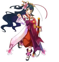 1girl absurdres black_hair blush brown_eyes collarbone female_focus full_body highres kanatarou long_hair looking_at_viewer official_art open_mouth sakurako_kujo sandals sheath sheathed smile socks solo sword transparent_background trouble_witches trouble_witches_neo very_long_hair weapon white_socks
